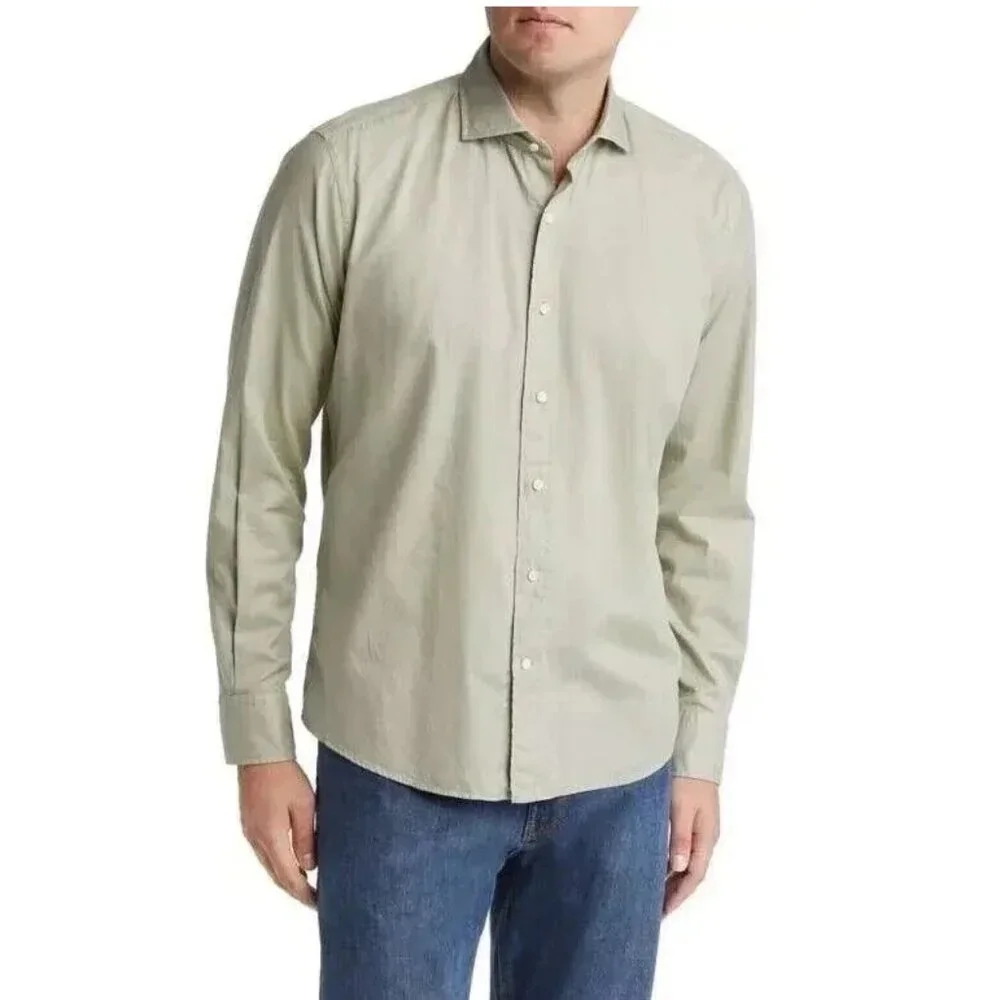 New PETER MILLAR Sojourn Herb Green Garment-Dyed Cotton Sport Shirt Size S_3